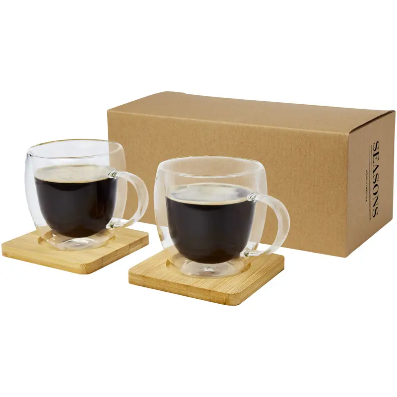 Manti två stycken 250 ml glaskopp med dubbelvägg och underlägg av bambu