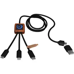 Bild på SCX.design C38 5-i-1 rPET-laddningskabel med upplyst logotyp och fyrkantigt trähölje