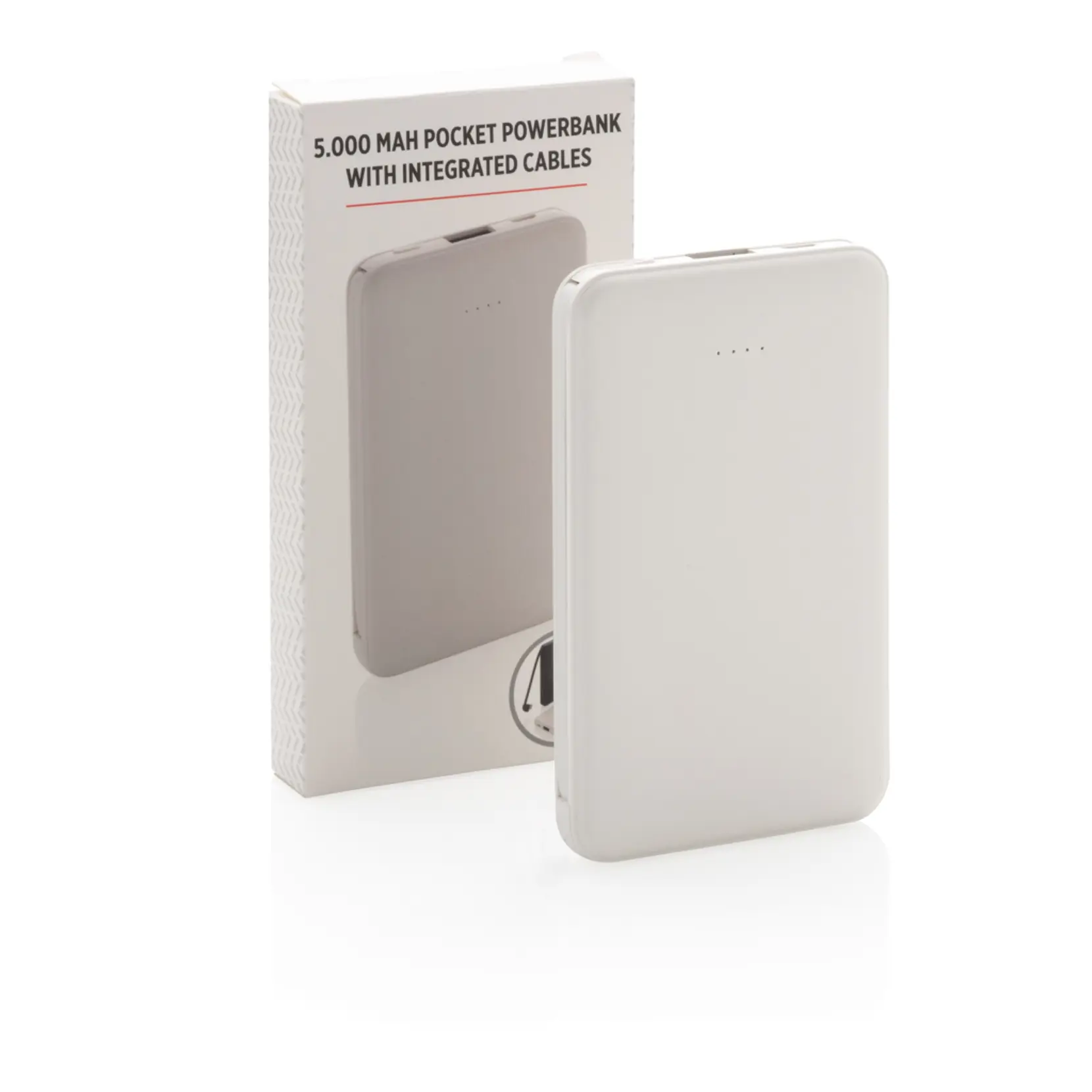 Bild på 5.000 mAh powerbank i fickformat med integrerade kablar