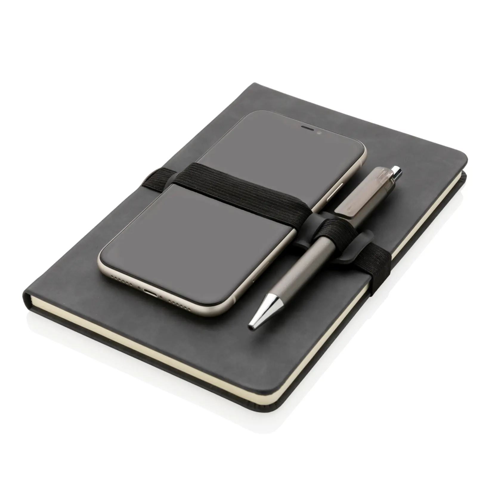 Bild på A5 hardcover PU anteckningsbok med mobil och-pennhållare