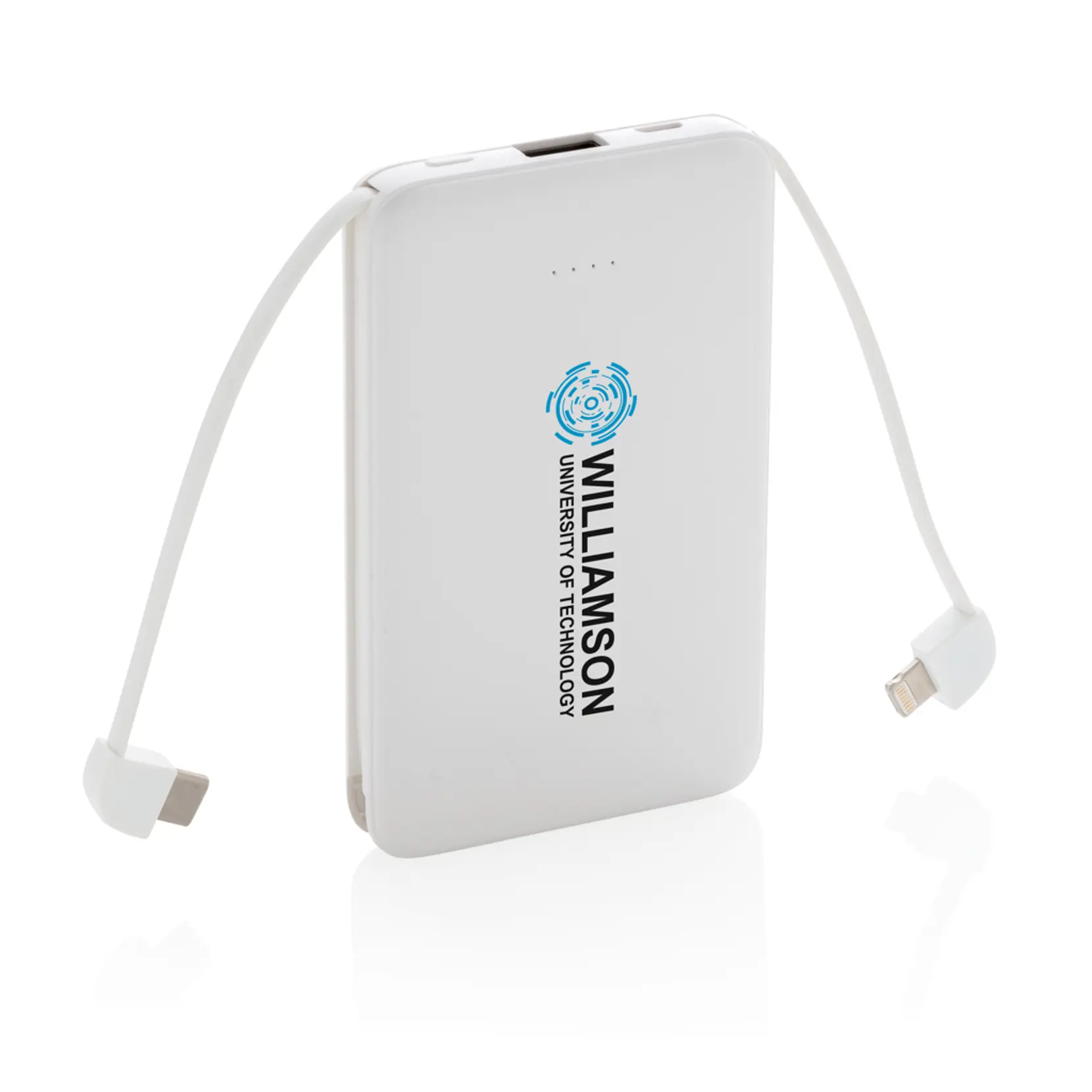 Bild på 5.000 mAh powerbank i fickformat med integrerade kablar