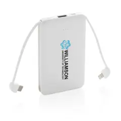 Bild på 5.000 mAh powerbank i fickformat med integrerade kablar