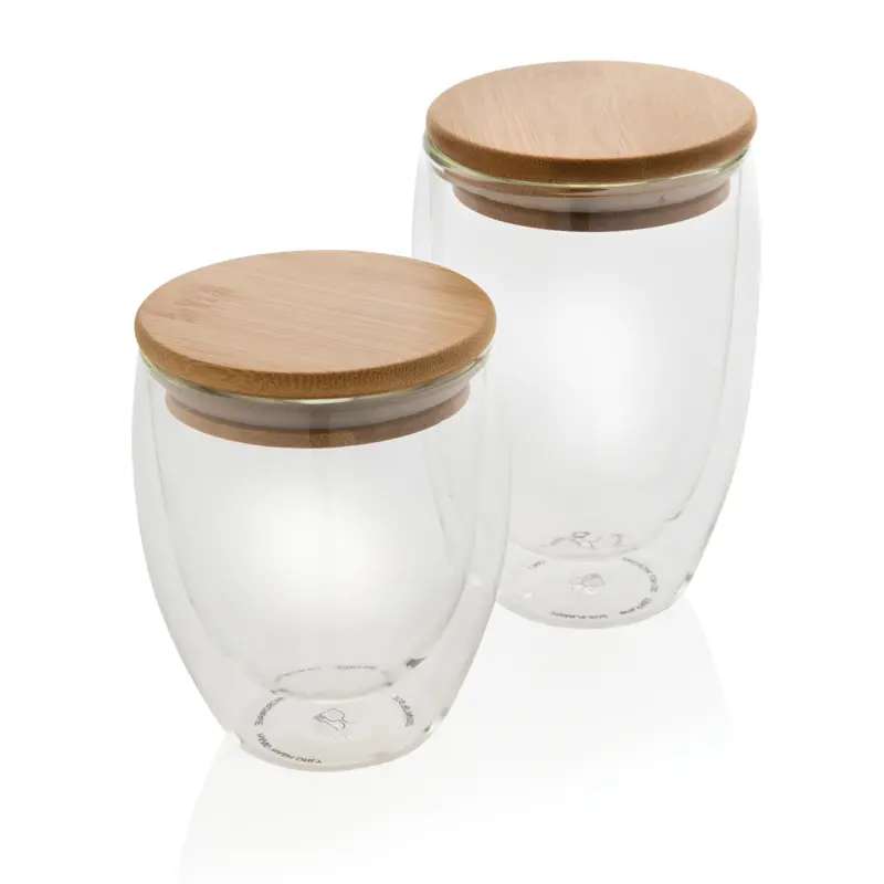 Dubbelväggigt borosilikatglas med bambulock, 350ml, 2-pack