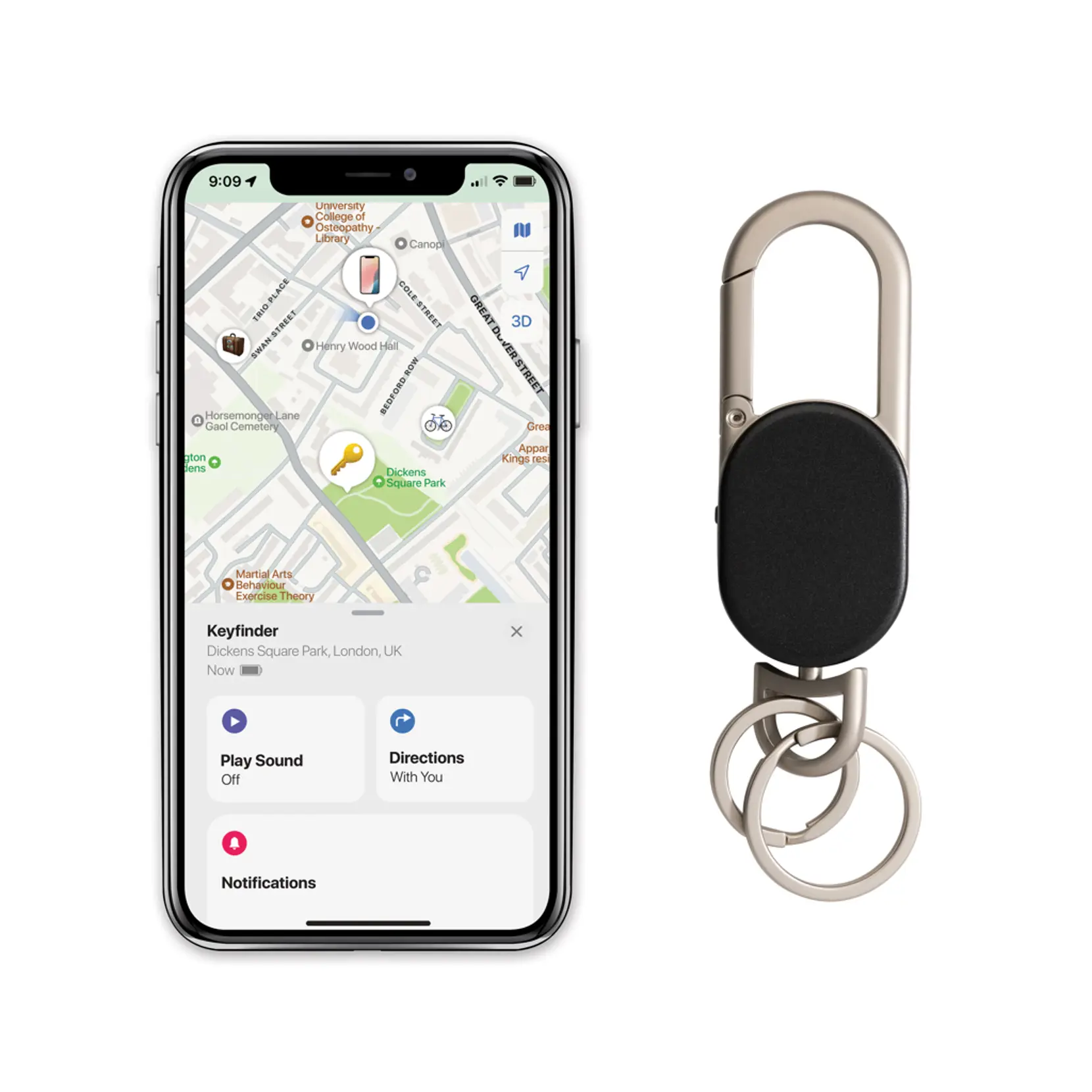 Bild på Keyfinder-nyckelring , kan spåras världen runt och med USB C