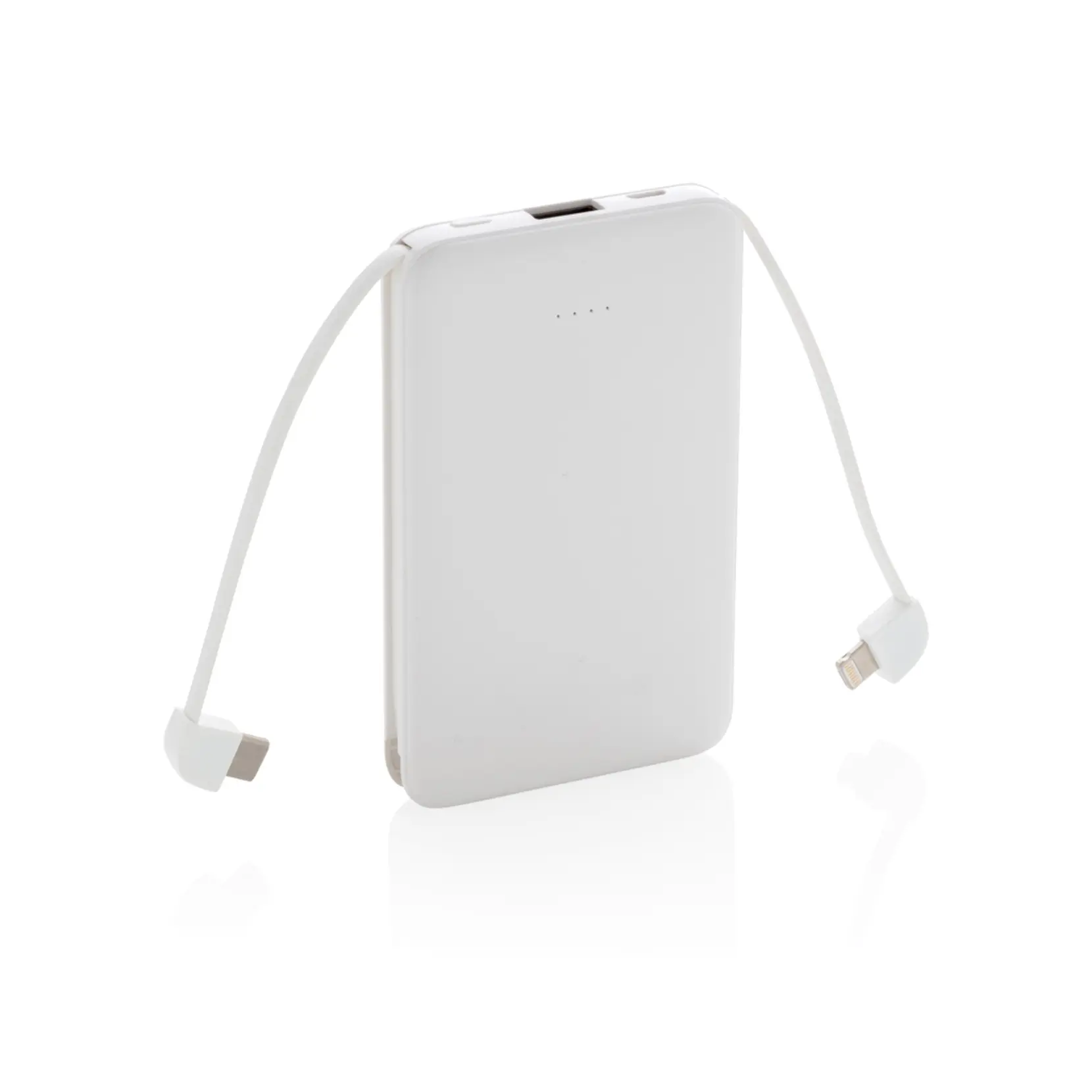Bild på 5.000 mAh powerbank i fickformat med integrerade kablar