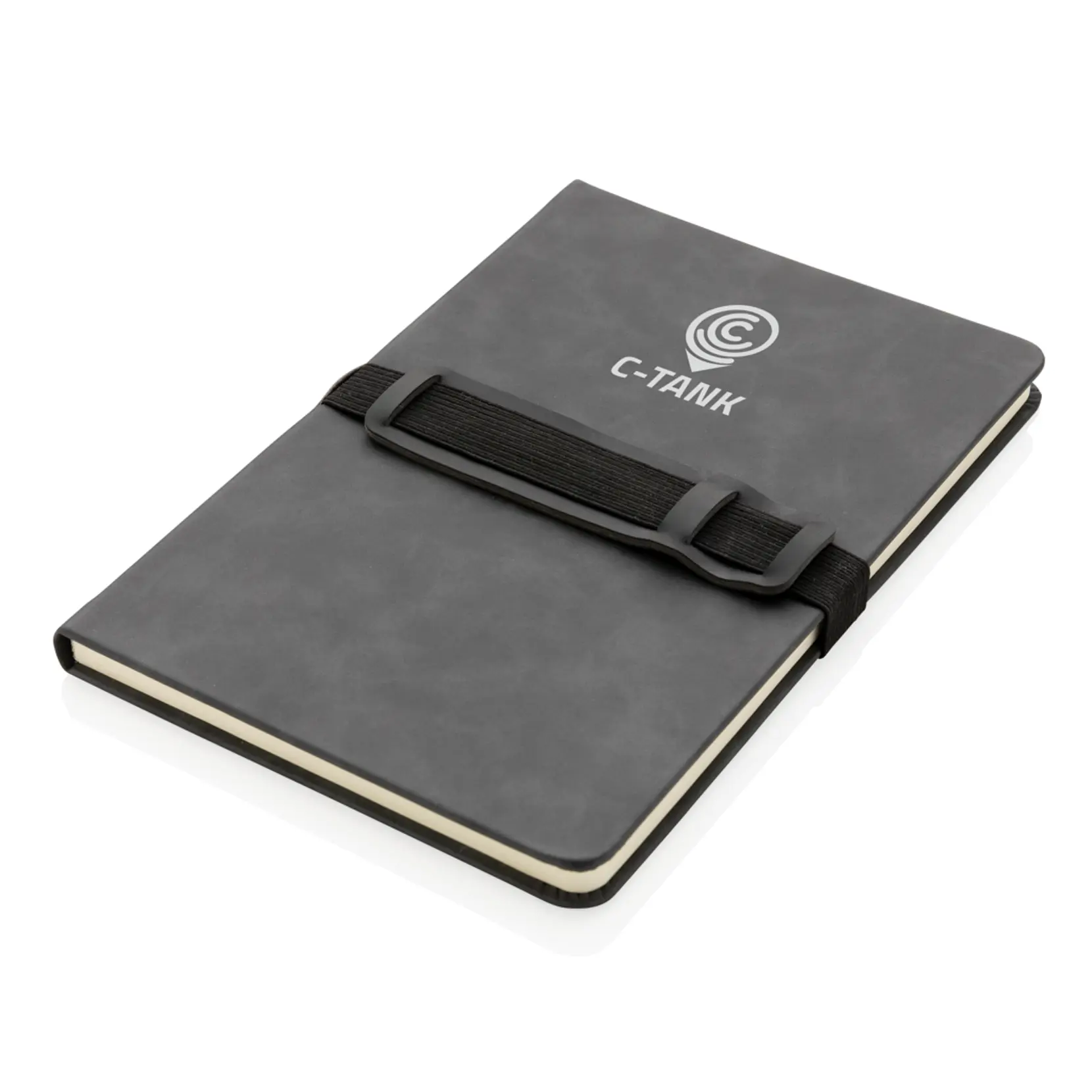 Bild på A5 hardcover PU anteckningsbok med mobil och-pennhållare