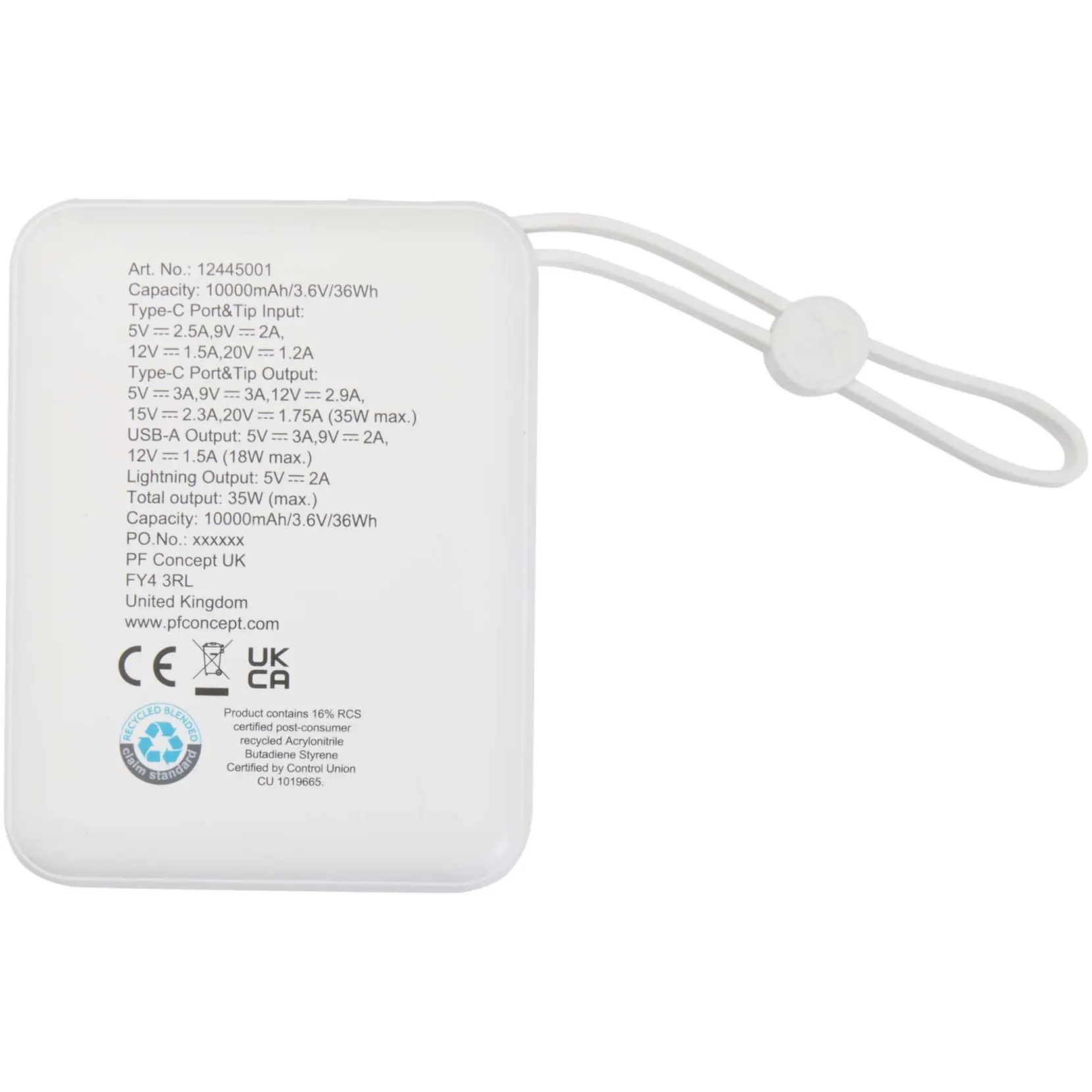 Bild på Acrux 10 000 mAh 35 W powerbank för surfplattor med inbyggd Type-C-kabel – tillverkad av återvunnen plast