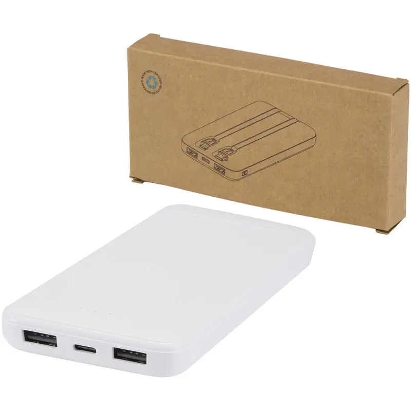 Adhil 10 000 mAh 10 W powerbank av återvunnen plast med två inbyggda kablar