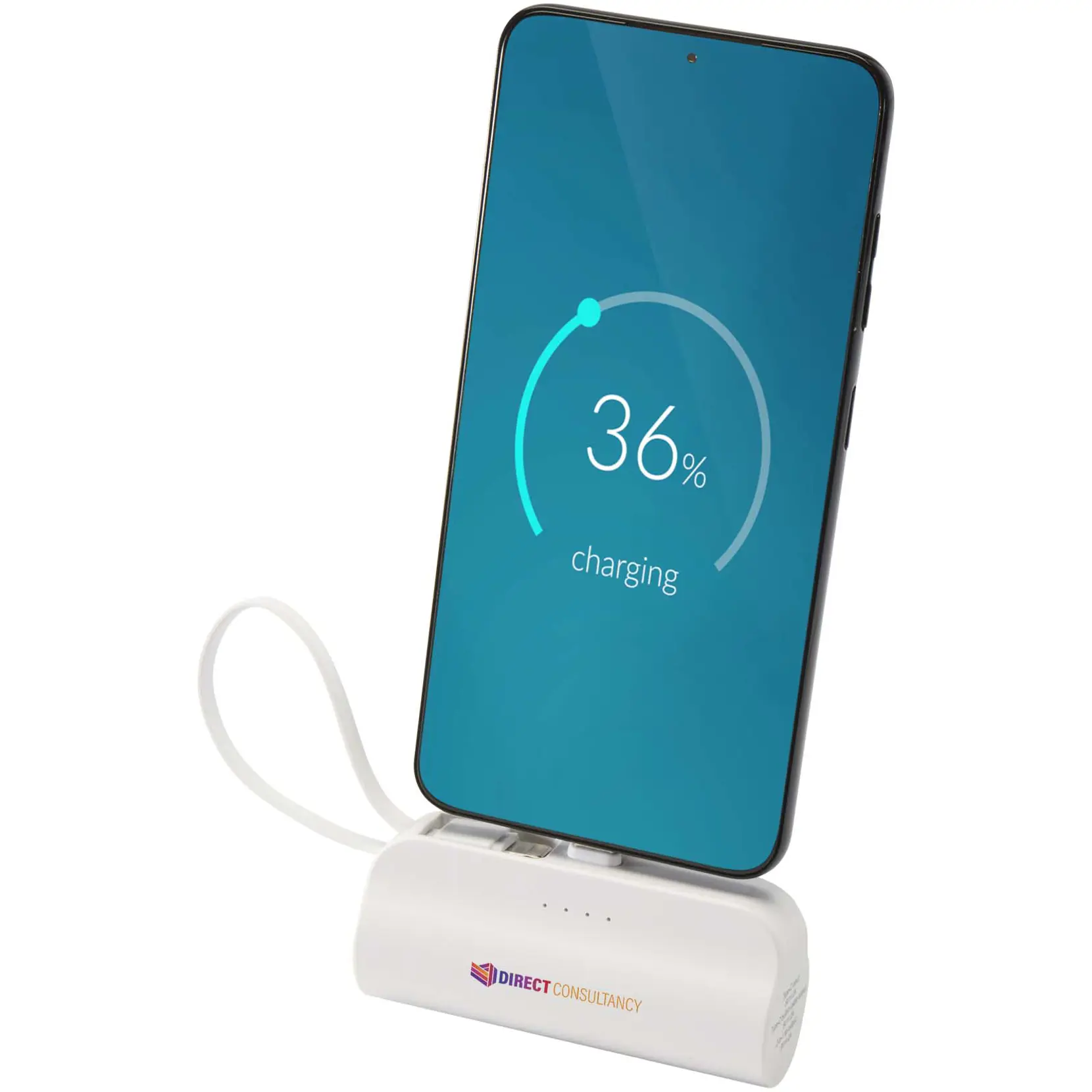 Bild på Alnair 5 000 mAh 10 W Type-C powerbank av återvunnen plast med inbyggt flipstativ och 2-i-1-kabel