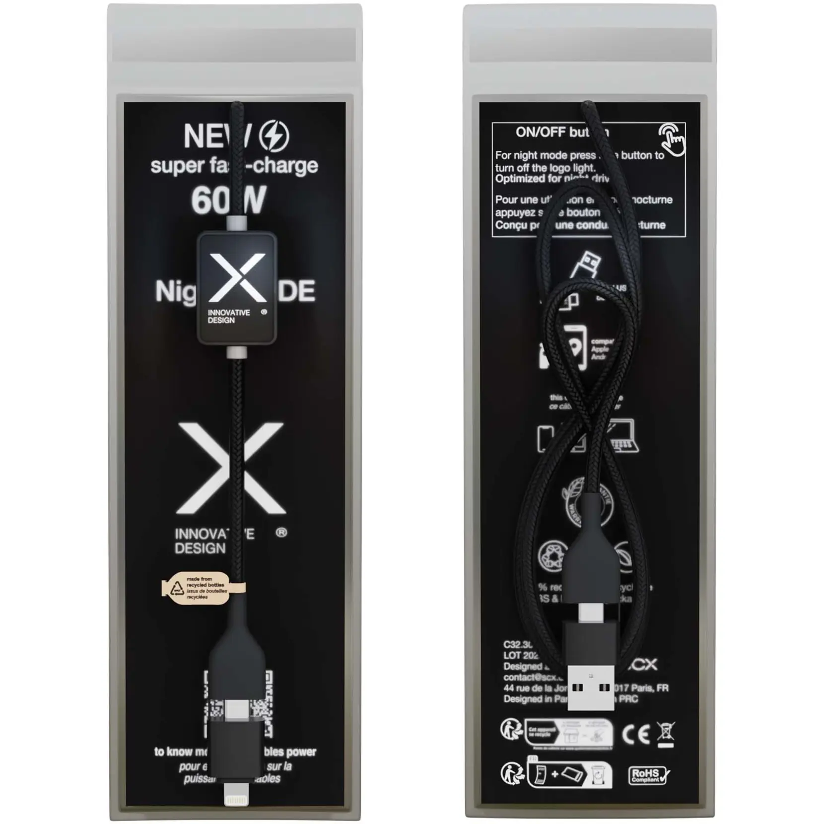 Bild på SCX.design C32 60 W laddningssladd med strömbrytare och upplyst logotyp