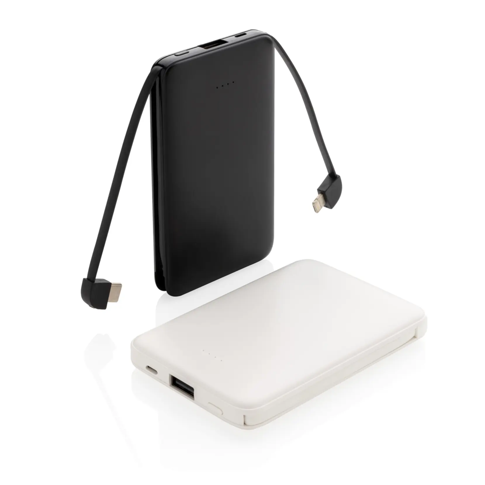 Bild på 5.000 mAh powerbank i fickformat med integrerade kablar Bild på 5.000 mAh powerbank i fickformat med integrerade kablar