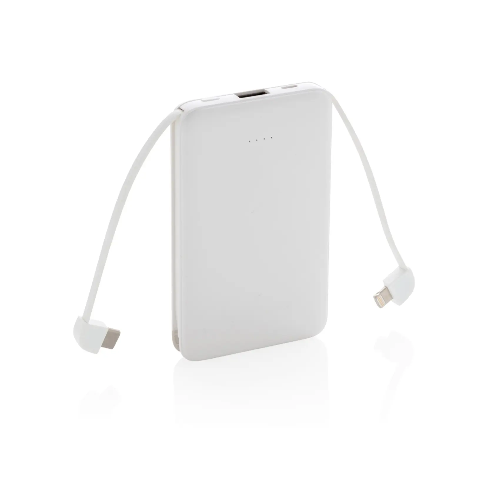 Bild på 5.000 mAh powerbank i fickformat med integrerade kablar Bild på 5.000 mAh powerbank i fickformat med integrerade kablar