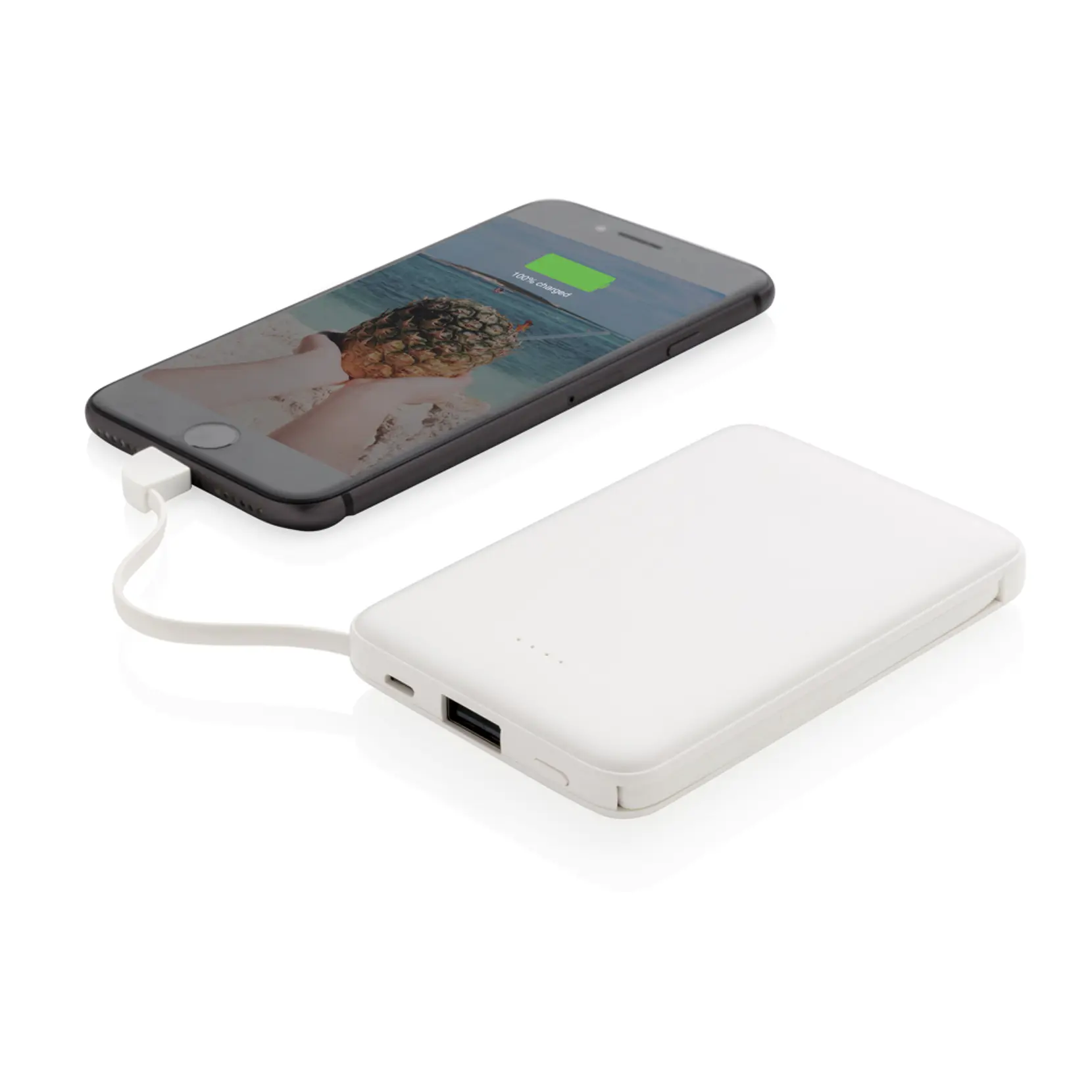 Bild på 5.000 mAh powerbank i fickformat med integrerade kablar Bild på 5.000 mAh powerbank i fickformat med integrerade kablar