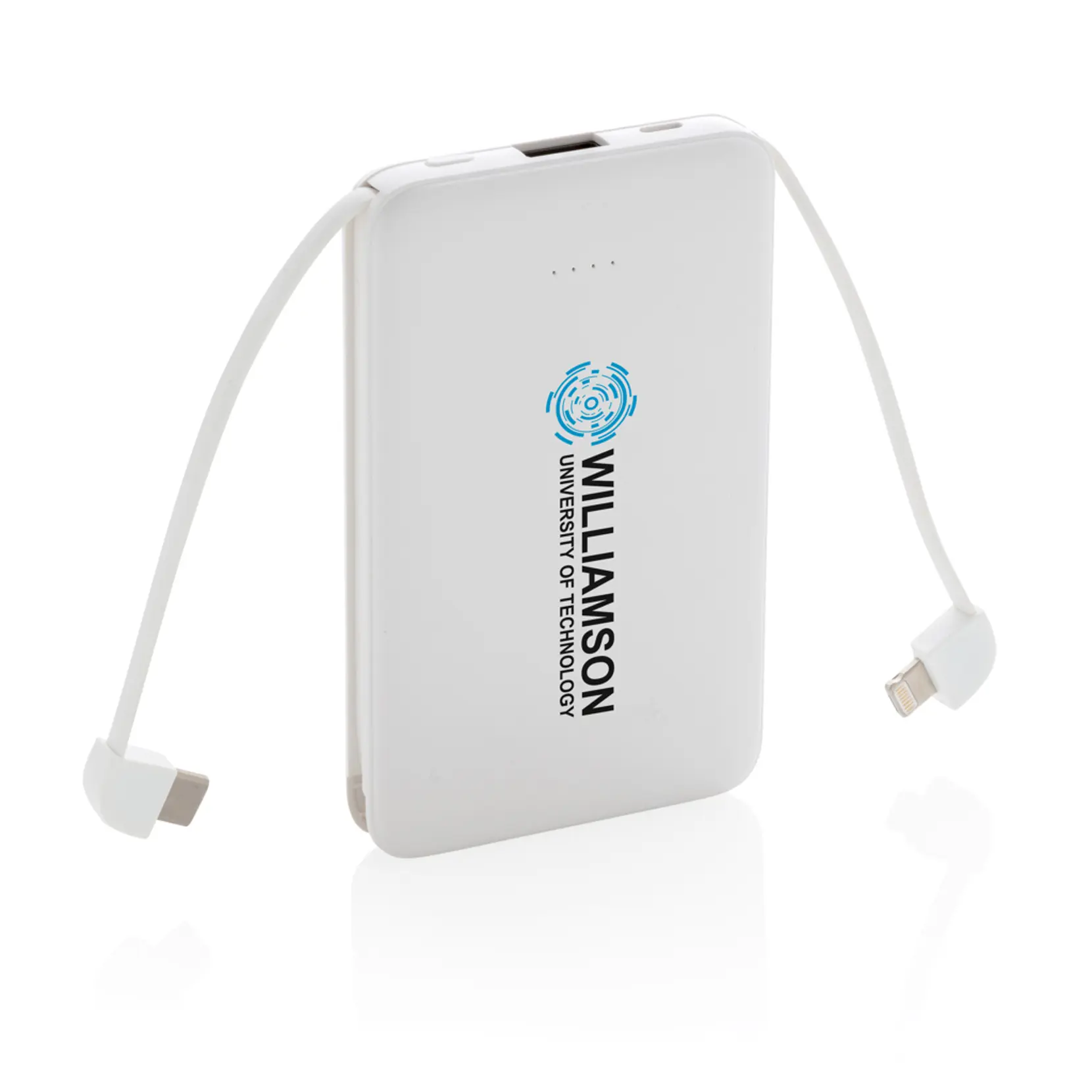 Bild på 5.000 mAh powerbank i fickformat med integrerade kablar Bild på 5.000 mAh powerbank i fickformat med integrerade kablar