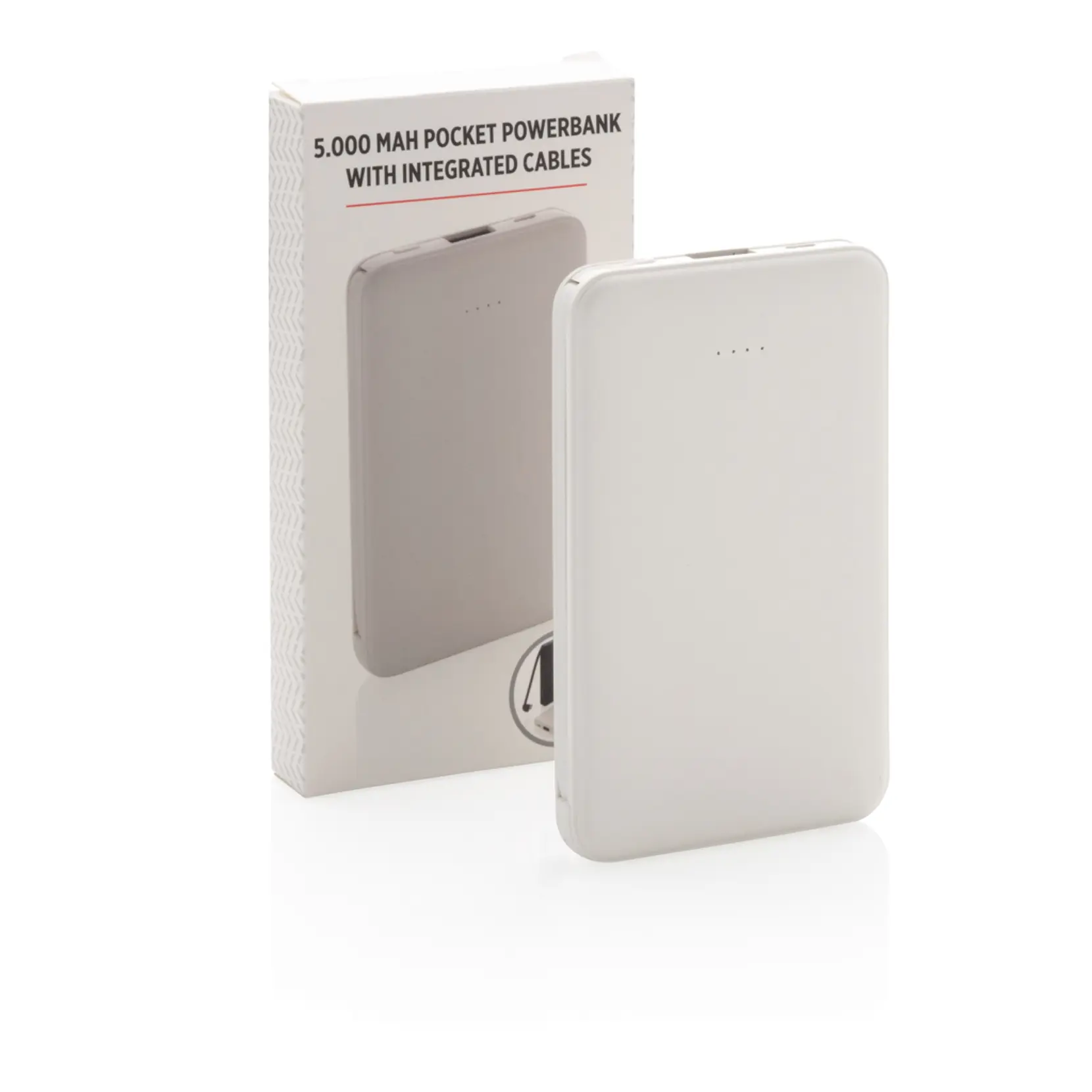 Bild på 5.000 mAh powerbank i fickformat med integrerade kablar Bild på 5.000 mAh powerbank i fickformat med integrerade kablar