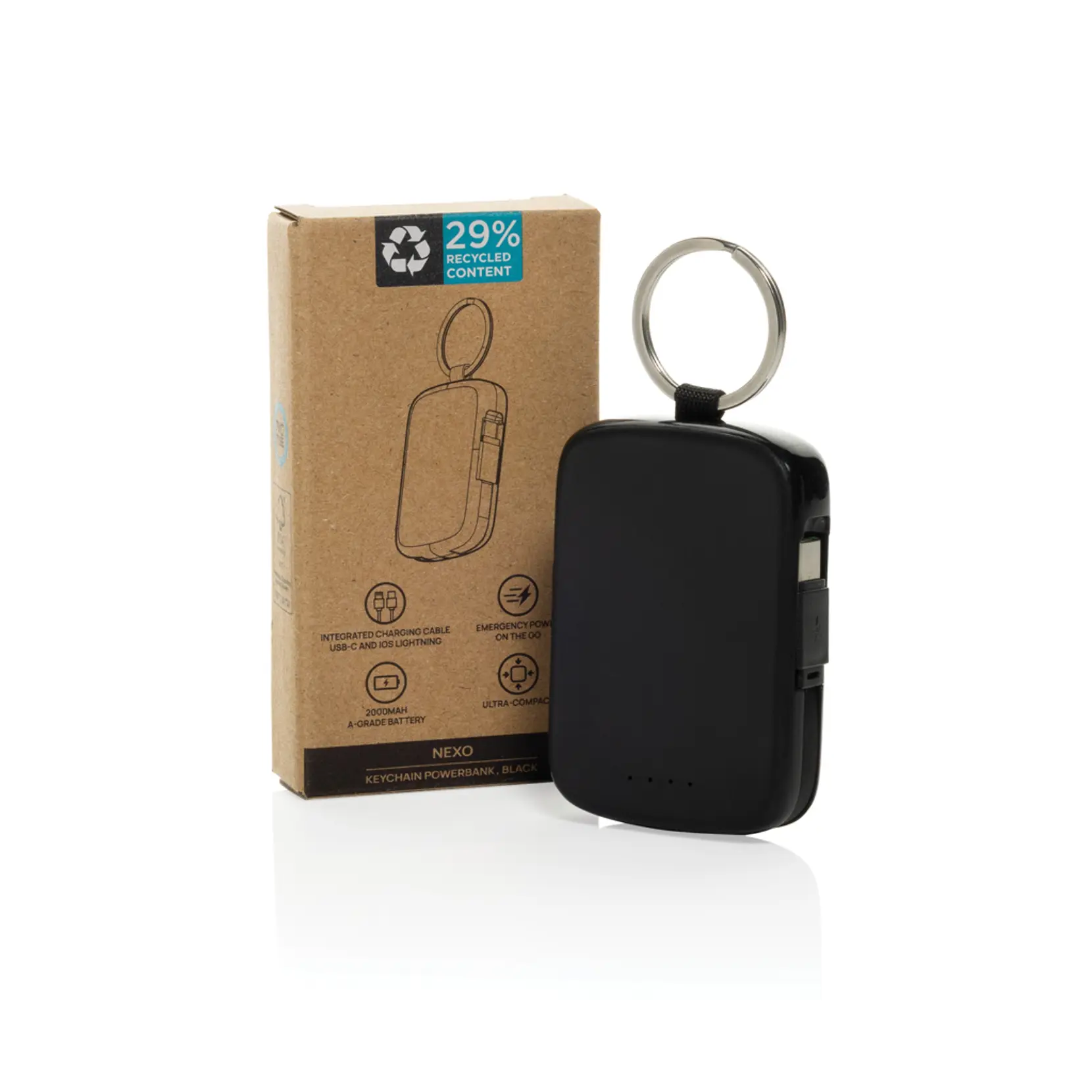 Bild på Nexo RCS nyckelringspowerbank 2000 mAh med integrerade kabla Bild på Nexo RCS nyckelringspowerbank 2000 mAh med integrerade kabla