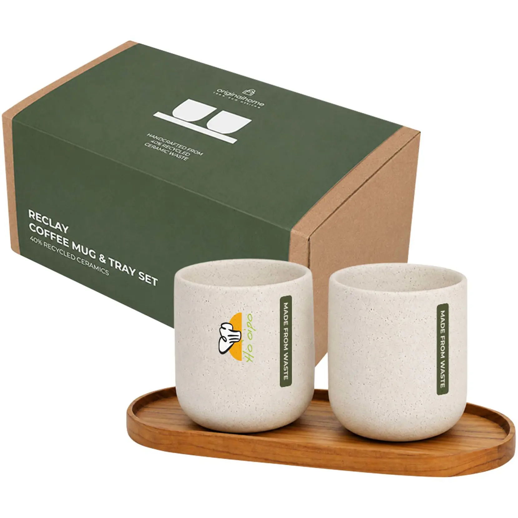 Bild på Originalhome Set med oval träbricka och keramikmuggar 150 ml Bild på Originalhome Set med oval träbricka och keramikmuggar 150 ml