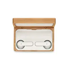Bild på TWS-headset i bambufodral